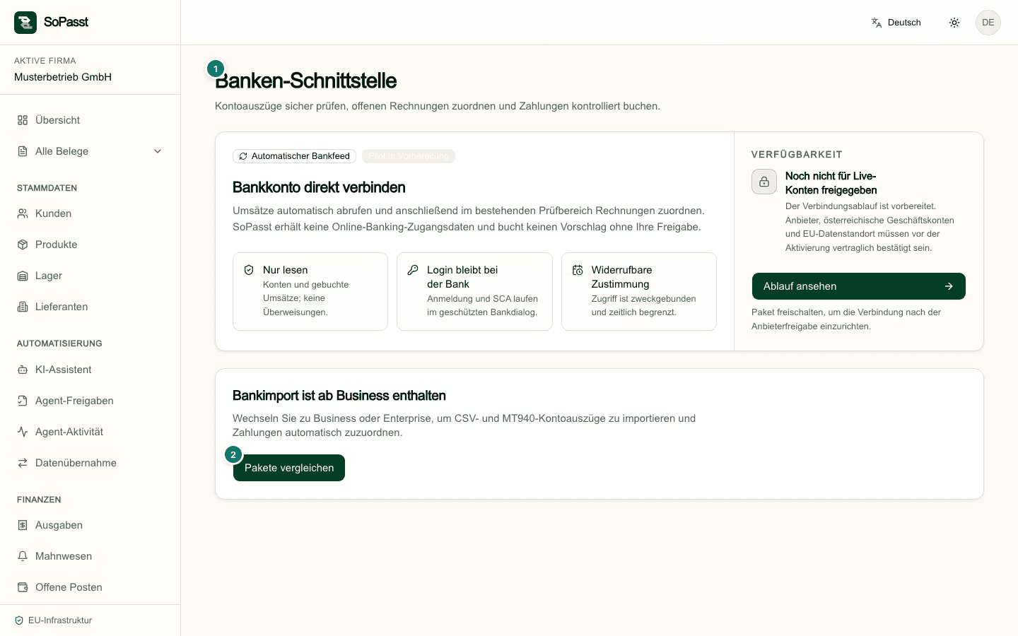 Bankimport in SoPasst mit Verfügbarkeitsstatus und nächster Aktion