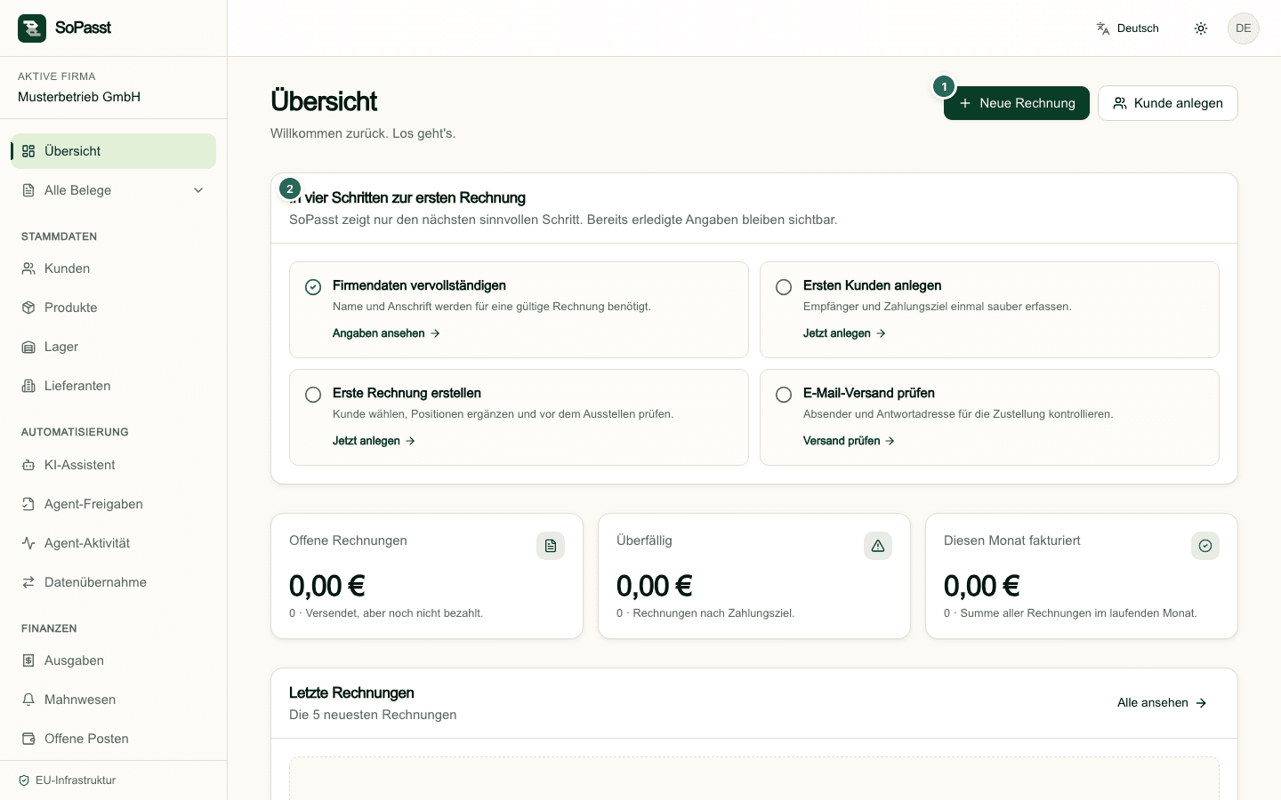 SoPasst-Übersicht mit Rechnungsstart und Einrichtungsplan