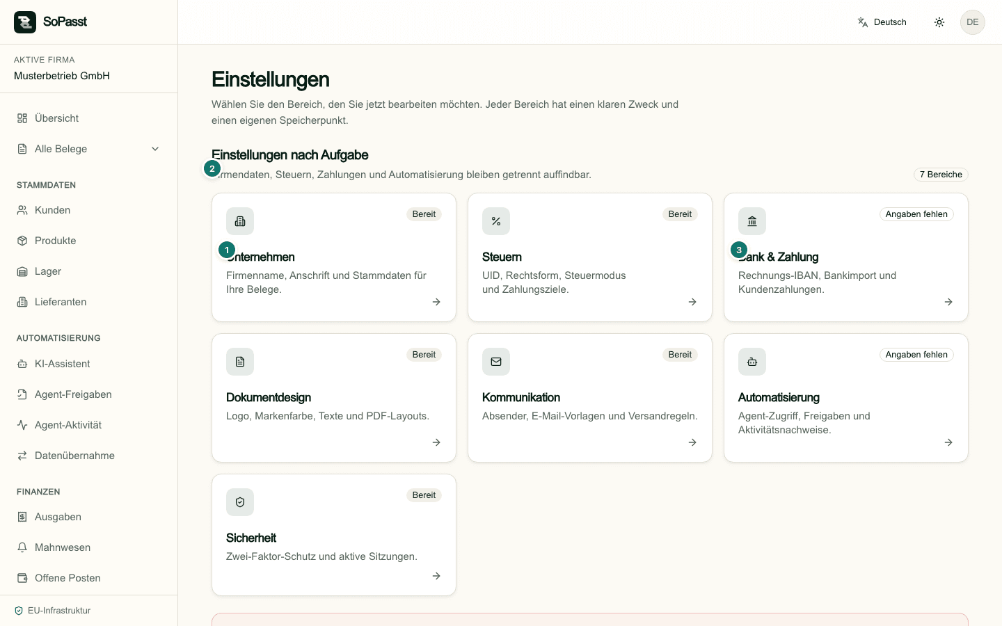 SoPasst-Einstellungen mit den Aufgaben Unternehmen, Steuern und Bank